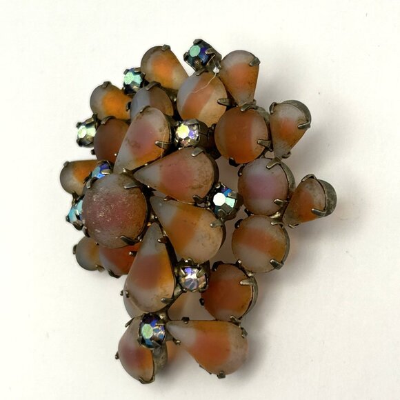 Vintage 1950s Orange Givre Glass Cabochon Arora Borealis Rhinestone Brooch - Picture 15 of 15